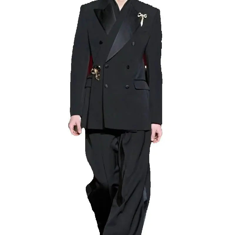 Zwarte mannen pak set 2-delige blazer + broek broek aangepaste katoen formele kantoor jas prom bruiloft smoking jas outfit - afbeelding 2