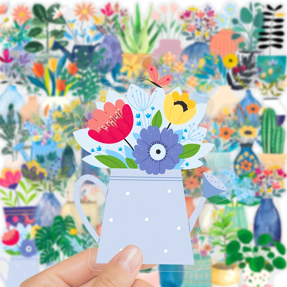 

10/30/50pcs Transparent Nordic Style Flower Pot Stickers Cartoon Creative Sticker Decoration Laptop Scrapbook Phone Decals Pack