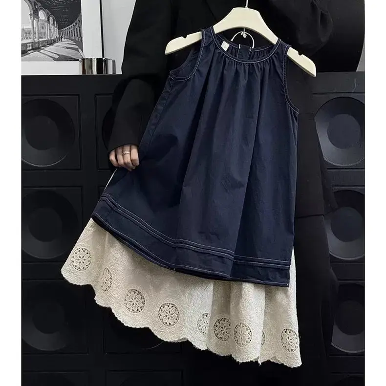

Girl Dress Set 2025 Summer New Style Cotton Solid Navy Blue Vest Lace Skirt Fashion Daily Brief Casual Vintage Pastorale