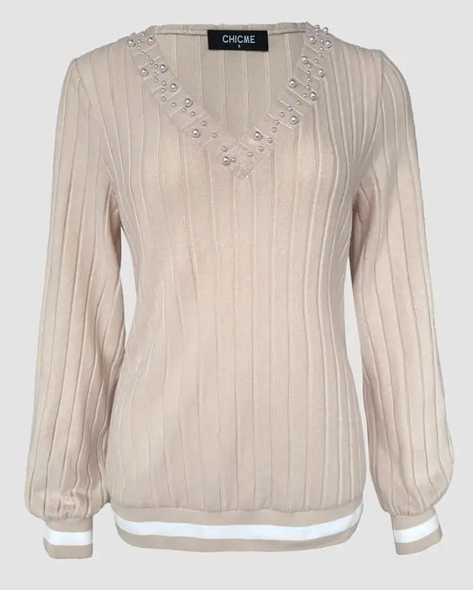 Damska Bluzka Wiosna Jesień 2025 Nowa Jednolita Kolor Dekolt V Długi Rękaw Modna Wąska Pasek Ozdobne Koraliki Casualowa Koszulka Top