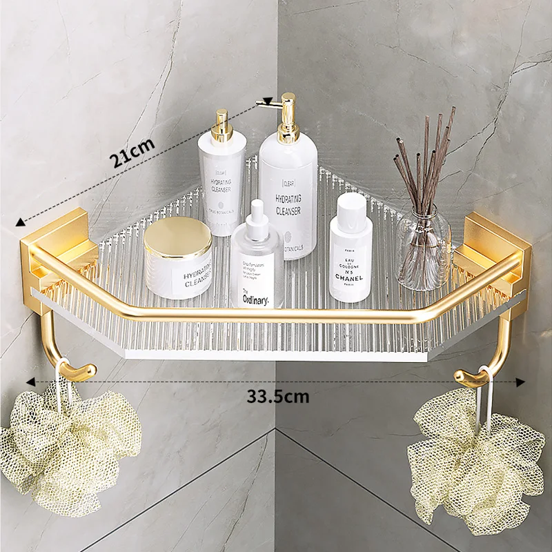 Acrylic Bathroom Shelf without Drilling Gold Rustproof Kitchen Toilet Shower Room Skincare Shampoo Corner Shelf Rack with Hook