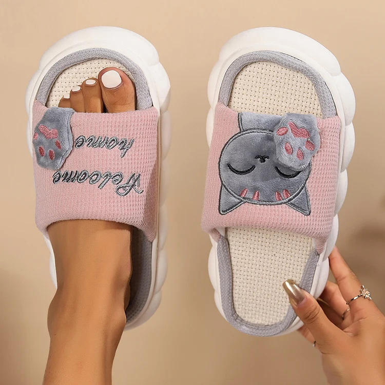 Leinen Casual Hausschuhe Frauen Haus Plattform Niedlichen Cartoon Katze Designer Schuhe Mädchen Flache Mode Elegante Schuhe Indoor Große Größe – Detail 2