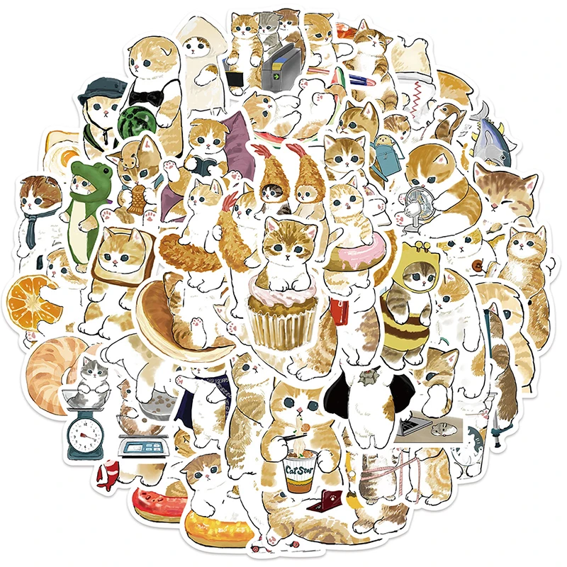 64Pcs Cute Cat Cartoon Stickers Aesthetic Kawaii Animal Decals Kids Toys Scrapbook Laptop Luggage Phone Graffiti Sticker