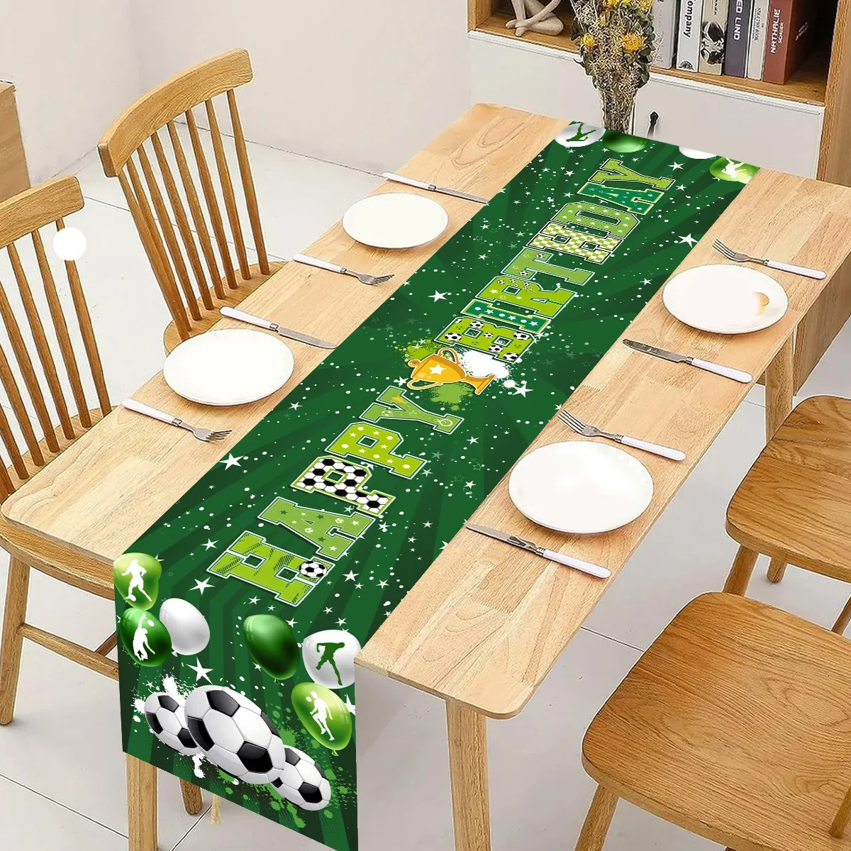 

180×35cm Green Soccer Table Runner Football Balloon Happy Birthday Tablecloth for Boys Adult Birthday Party Supplies Table Decor