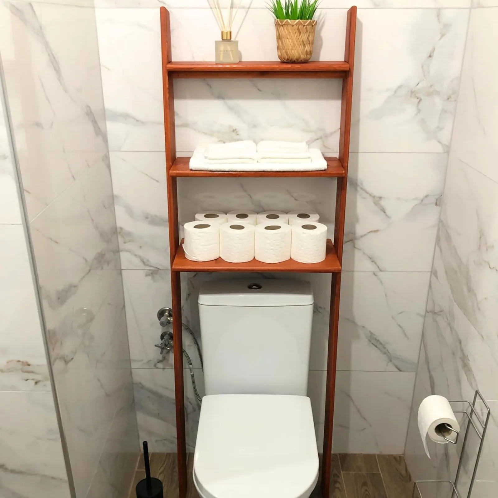 US Over The Toilet Birch Wood Bathroom Organizer Shelves, 3-Tier Freestanding Above Toilet Storage Ladder Shelf, Standing Space