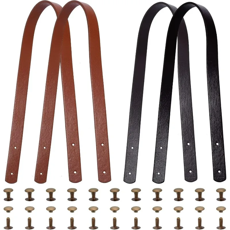 4 Sets 2 Colors Faux Leather Bag Handles with Iron Rivets 60x1.85cm PU Leather Bag Strap Replacement Handbag Handle Belt