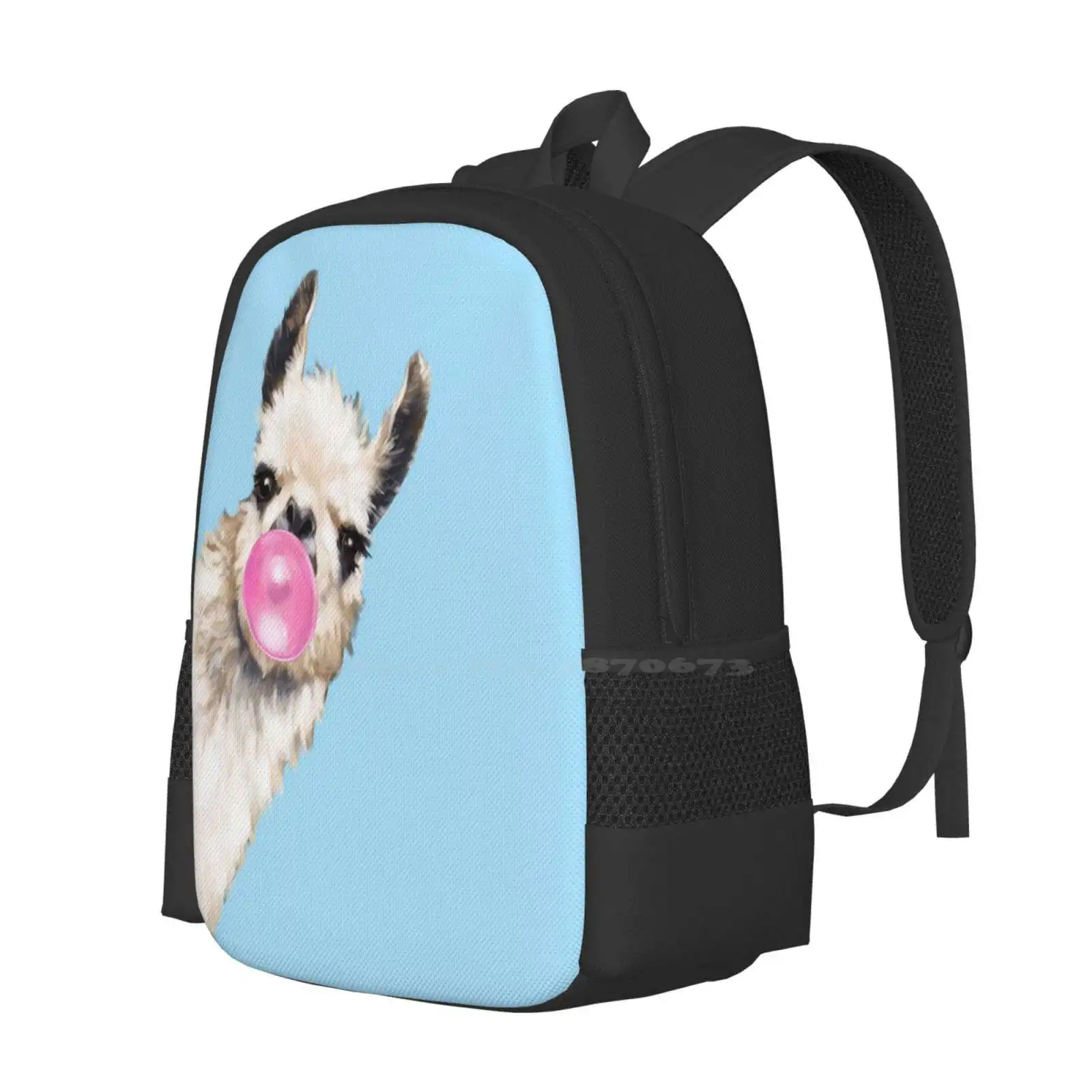 Bubble Gum Sneaky Llama In Blue 3D Print Design Backpack Student Bag Cute Adorable Memes Chewing Gum Bubble Pink Alpaca Animals