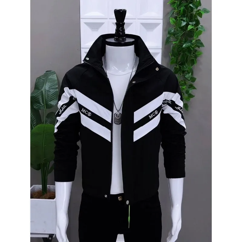 Autumn New Men's Jacket Fashionable Korean Version Slim Fit Color-blocked Stand-up Collar, Casual Versatile and Handsome Top