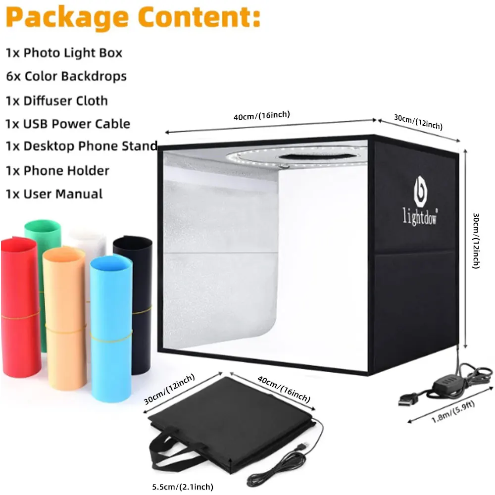 Lightdow Fotostudio Light Box Kit 12"x12"(30x30x30cm) met 120 stuks LED's 6 achtergronden voor fotografie Draagbaar Dimbaar Veelzijdig