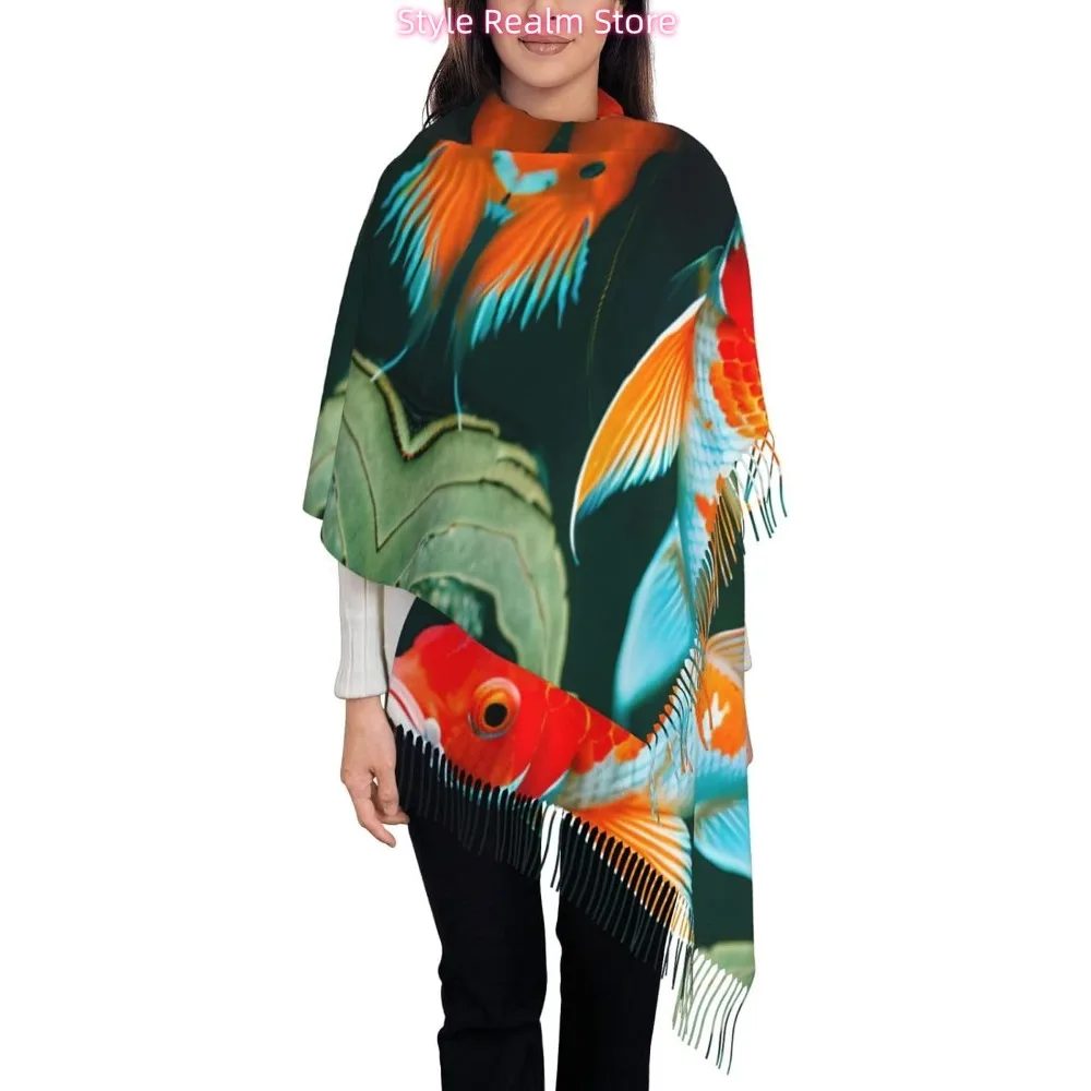 

Красивый шарф из полиэстера с принтом рыбы кои, дышащий модный аксессуар для путешествий и повседневной носки