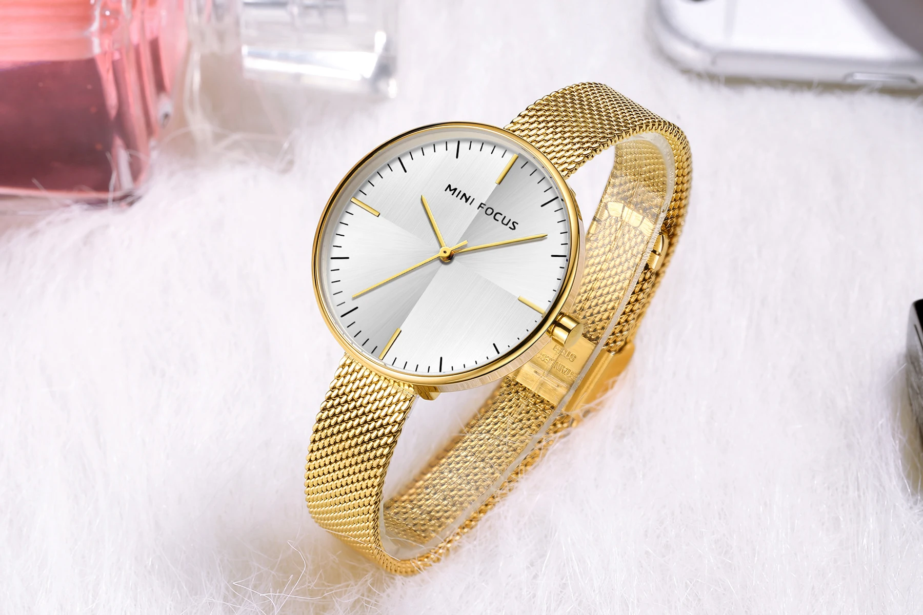 2024 MINI FOCUS MF0275L Classic Design Wrist Watches Waterproof Gold Mesh Steel Band Women Quartz Dress Watch
