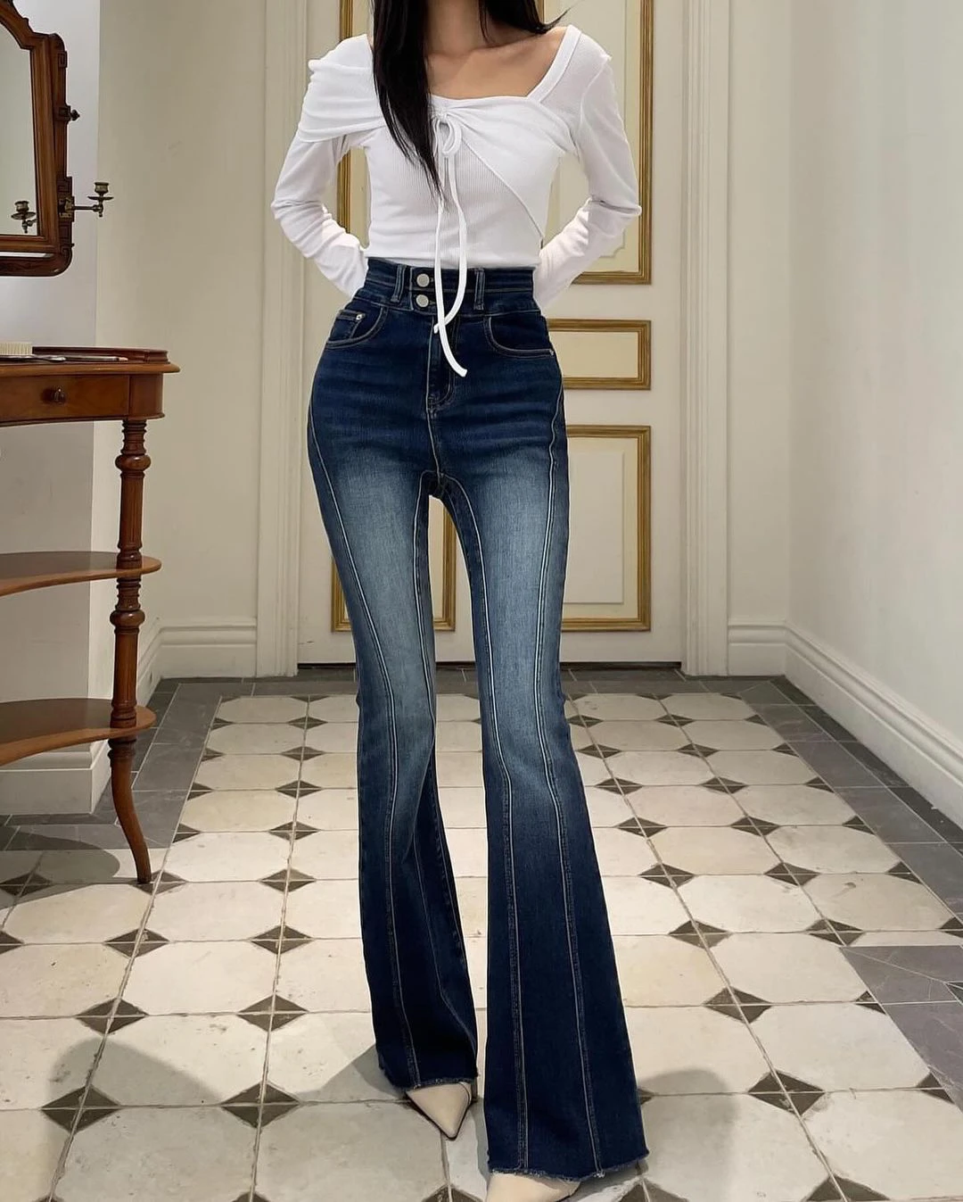

High Waist Flared Jeans Women's Double Bule Design Slimming Wide Hip Casual Long Pants Anti-Wrinkle Stretch Denim Blue