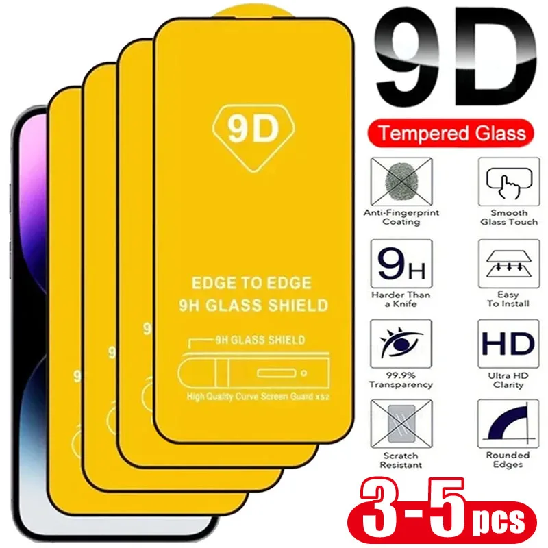 3-5PCS 9D Screen Protector Tempered Glass for IPhone 15 14 13 12 11 Pro Max Protective Glass for IPhone X XR XS Max 7 8 14 Plus