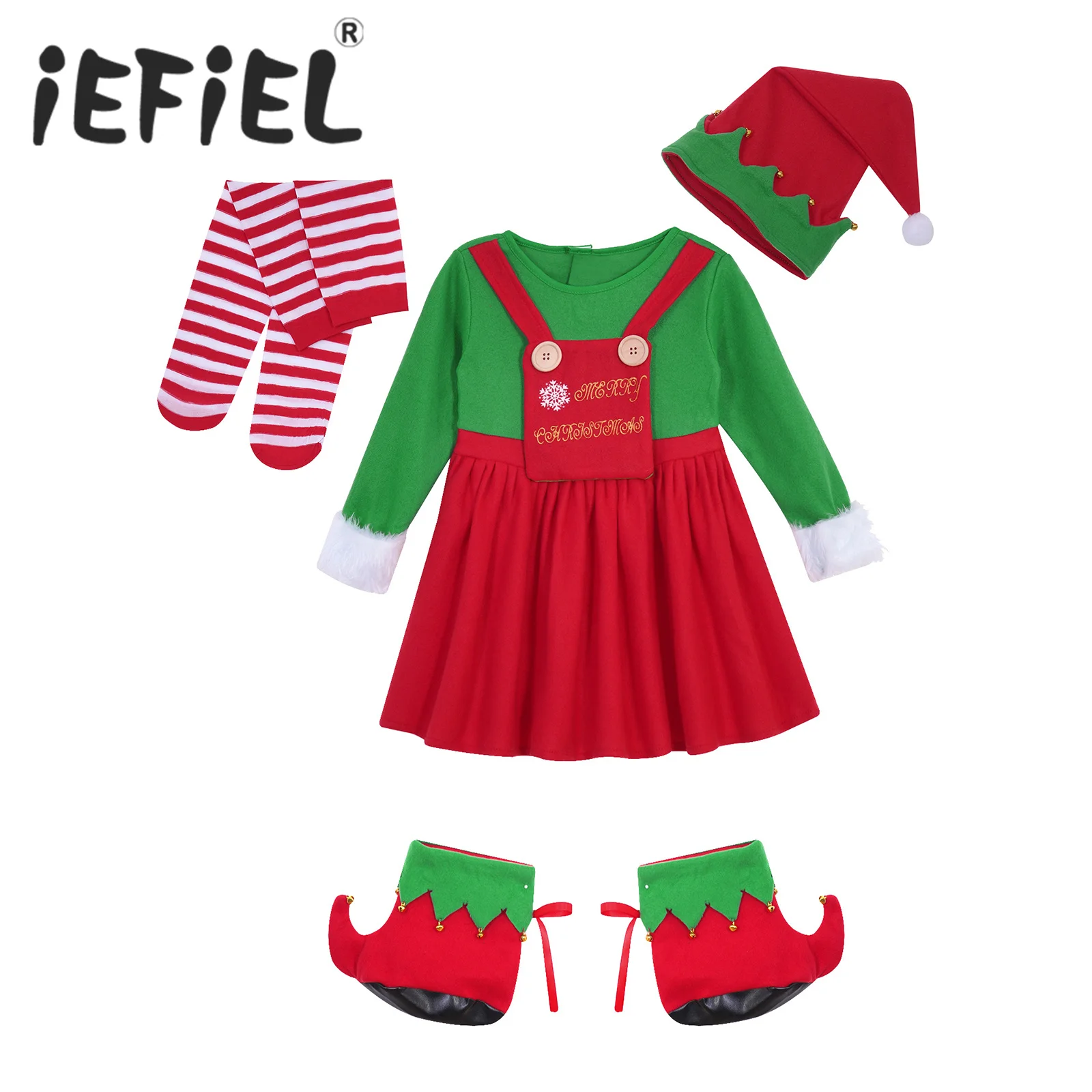 4Pcs Kids Girls Christmas Elf in Charge Costume Xmas Santa Cosplay Costume Dress with Hat Shoes Cover and Striped Stockings Set