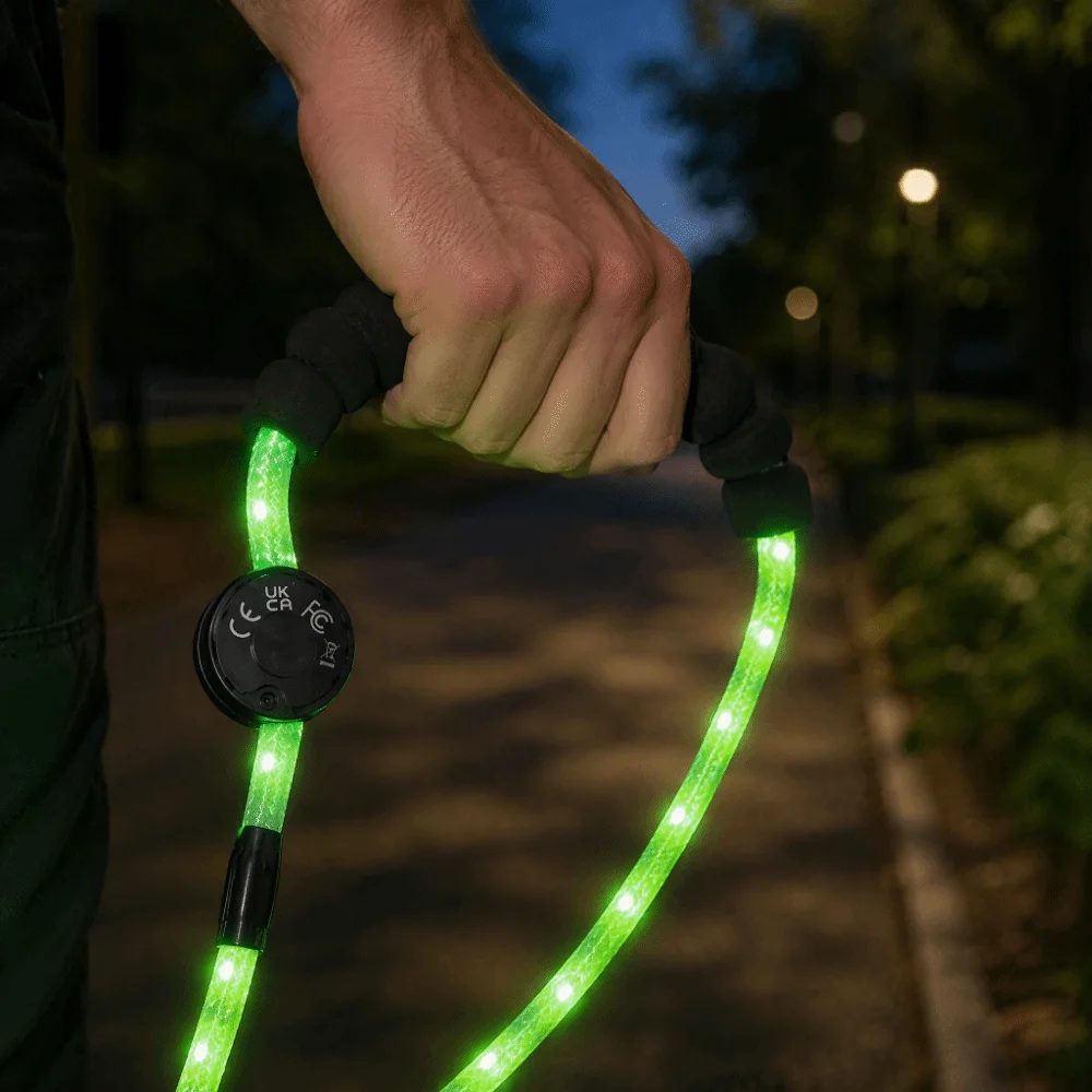 USB Charging LED Dog Leash Spiral Braided Nylon Sturdy Wear Resistant Pet Traction Rope Type C Fast Charging Soft Foam Handle