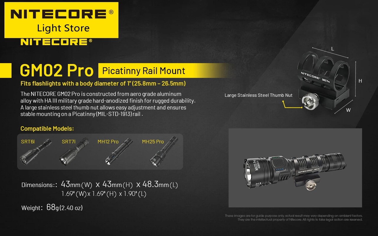 Imagem -04 - Nitecore-liga de Alumínio Genuine Acessórios Lanterna Gm02 Pro Waecon G-mount 258265 mm Mh25pro Adequado Mh12pro Srt7i Srt6i Genuíno