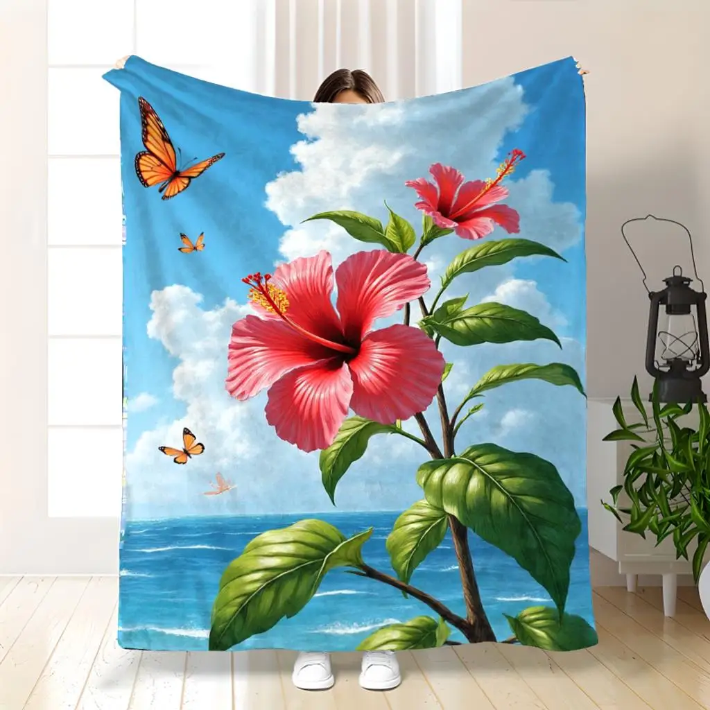 Red hibiscus butterfly pattern Flannel printed blanket suitable for all seasons suitable for living room office sofa and travel