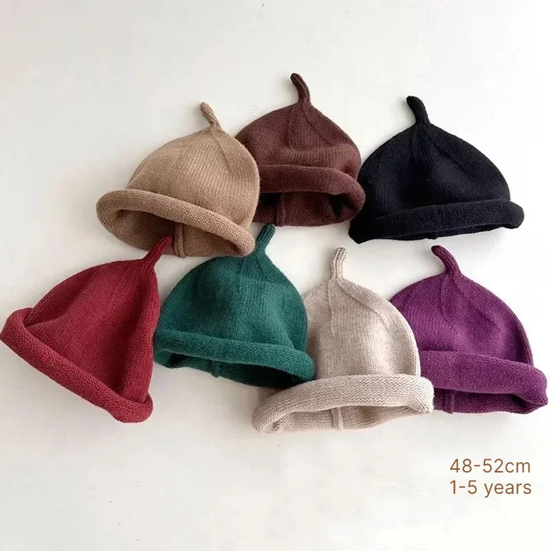 Kids Hat 48-52cm 1-5 Years Winter Rolled Edge Knitted Beanie Windproof Cold Proof Hat Boys Girls Personality Warm Hat Trendy
