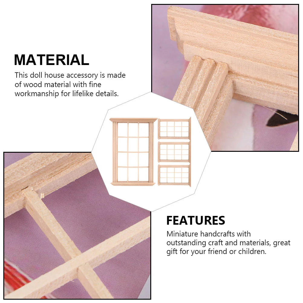 4-teiliges Fensterrahmen-Modell, Hauszubehör, Miniaturmöbel, ungefärbtes Holzspielzeug, vorgeben, Verzierung, Kind, Heimdekoration