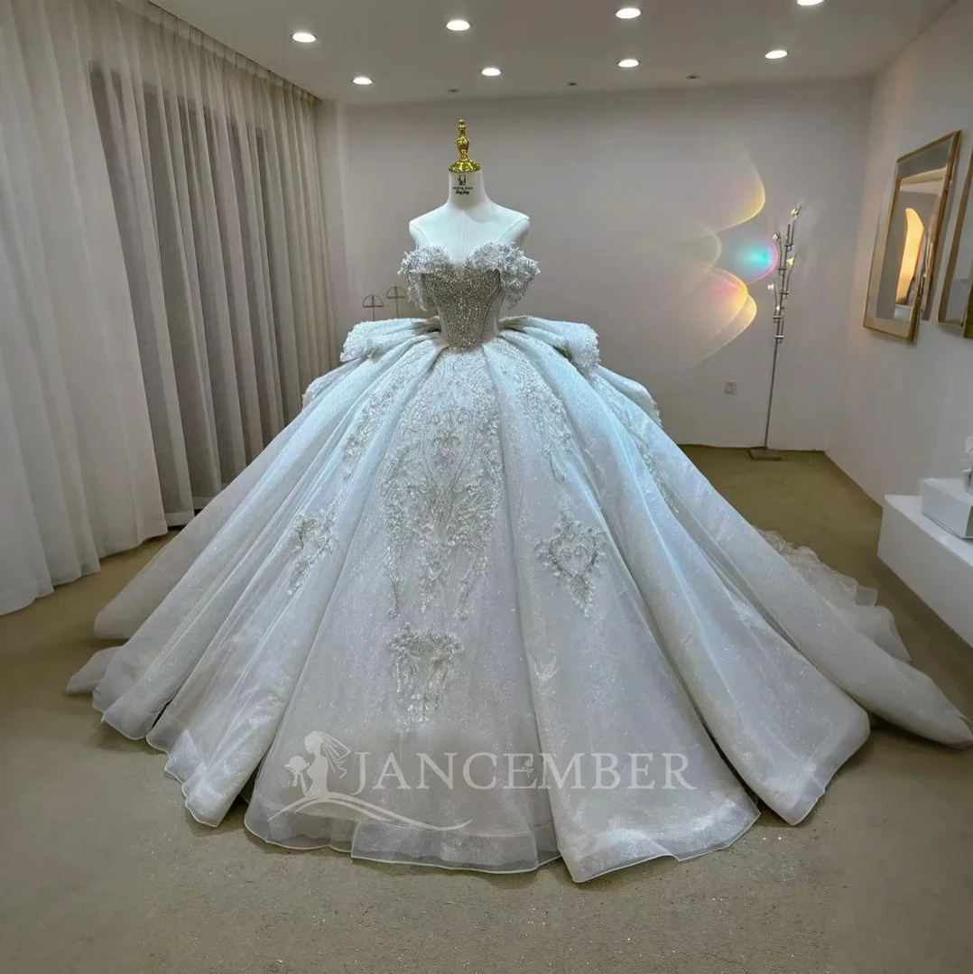 2025 스위트하트 오간자 브라이덜 볼 가운 맞춤형 반소매 웨딩 드레스 진주 공주 웨딩 드레스 여성용 드레스