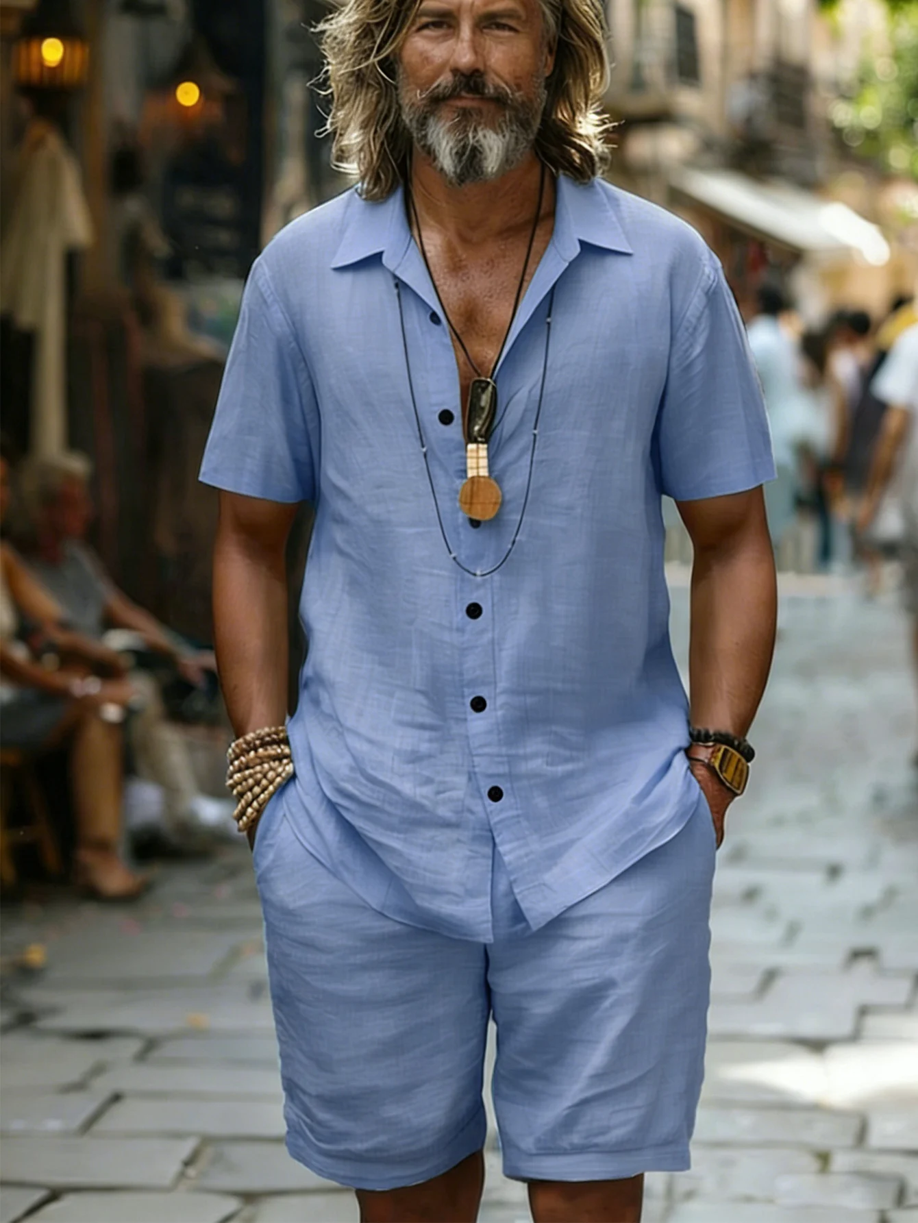 Camicia e pantaloncini da uomo in cotone 100 a maniche corte azzurro vestibilità ampia casual estate vacanza al mare abito quotidiano in due pezzi