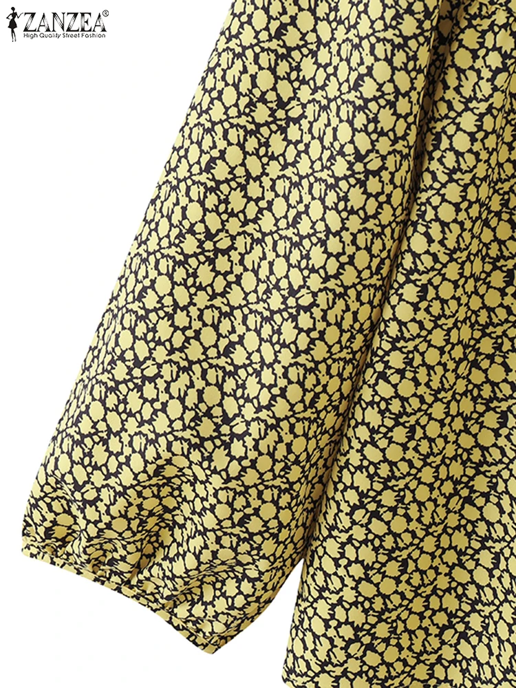 ZANZEA Autunno Moda Donna Coreana Camicetta stampata floreale 2025 Camicia con collo arricciato Vacanza Manica lunga Top Vacanza Tunica pieghettata
