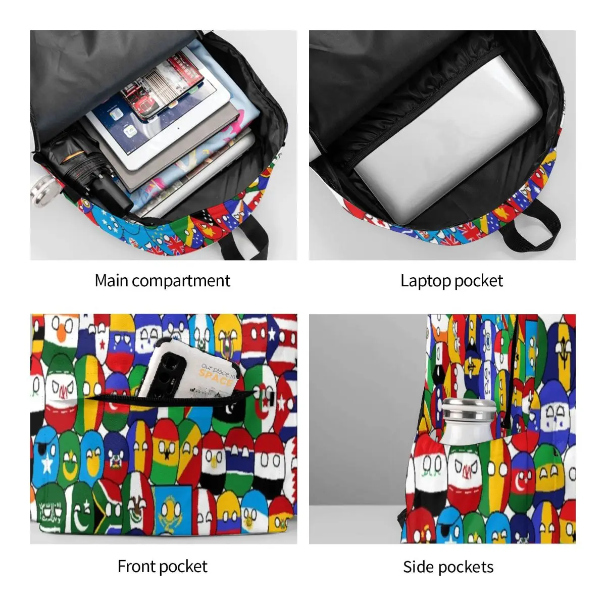 Mochila Countryball dos desenhos animados para Countryball masculino, grandes mochilas de poliéster, mochila casual de alta, países, terra