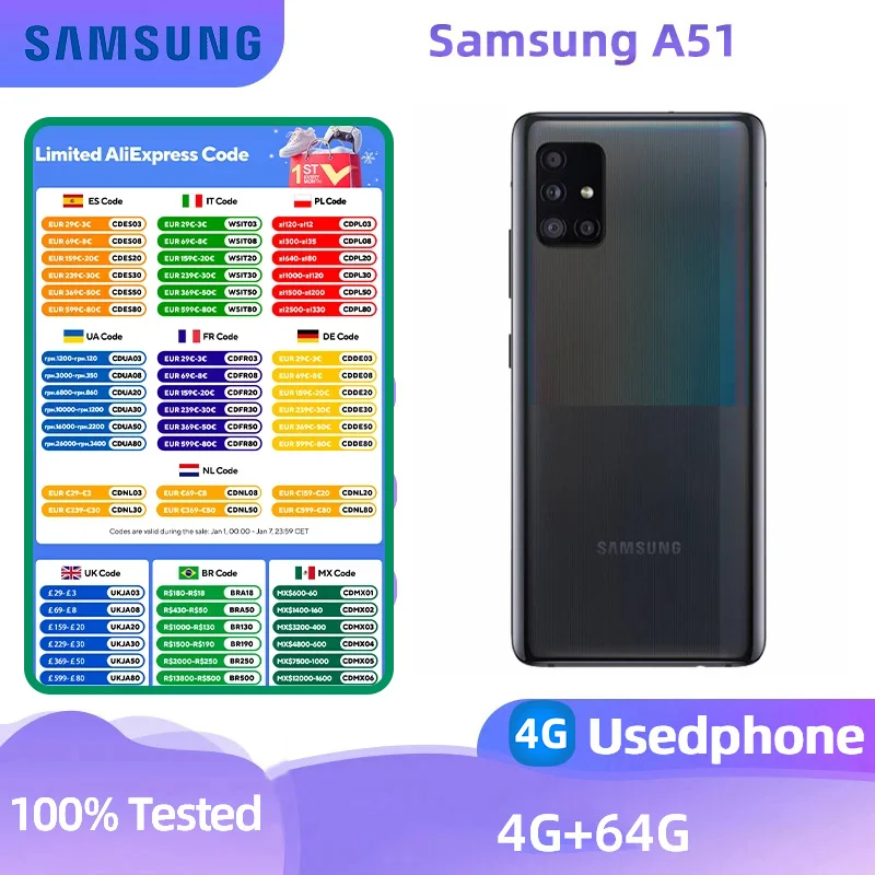 Samsung Galaxy A51 4g Smartphone Exynos 9611 6.5-inches Screen 48MP Camera Android Original Used Phone