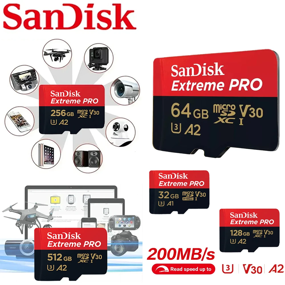 

Sandisk A2 U3 V30 C10 Высокоскоростная ​ ​ Карта памяти Micro SD/TF, высокоскоростная, скорость чтения 100 МБ/с, объемы 32 ГБ, 64 ГБ, 128 ГБ