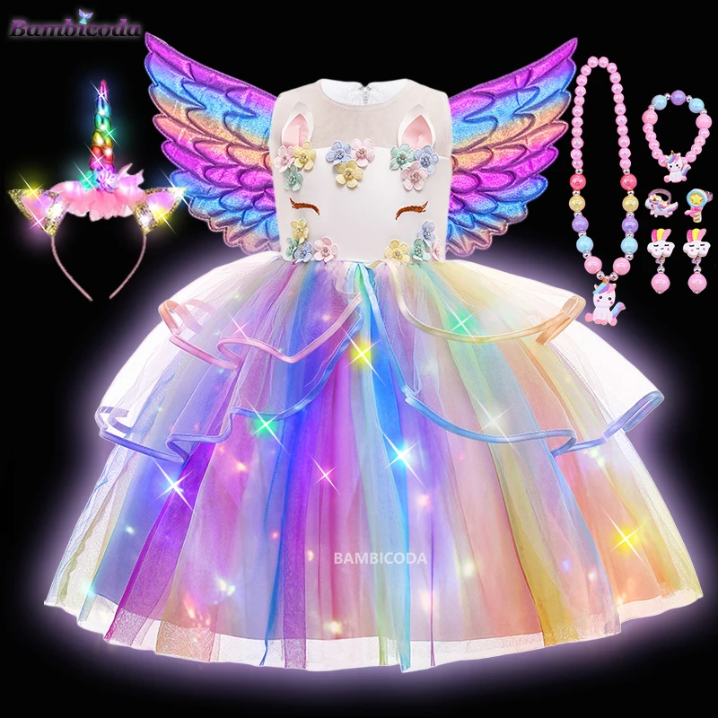 2023 Girls Shiny Unicorn Tutu Dress Glowing Kids LED Light up Dresses For Girls Halloween Princess Dress Children Clothing