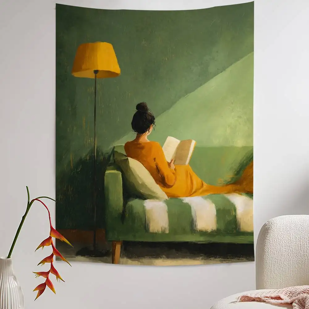 1 Minimalist Female Green Background Cartoon Tapestry Wall Hanging Decoration Household Home Decor