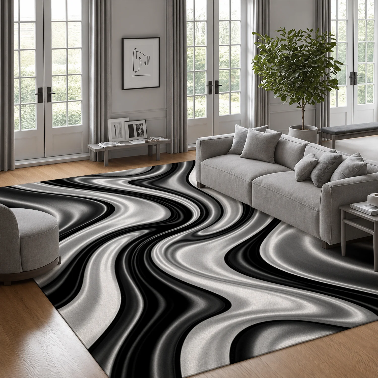 Black White Fluid Swirl Pattern Area Rug Velvet Fabric Machine Washable Soft Floor Mat Suitable for Living Room Bedroom Office Dining Room Perfect for Halloween Thanksgiving Christmas Black Friday Cyber Monday New Year Home Decor