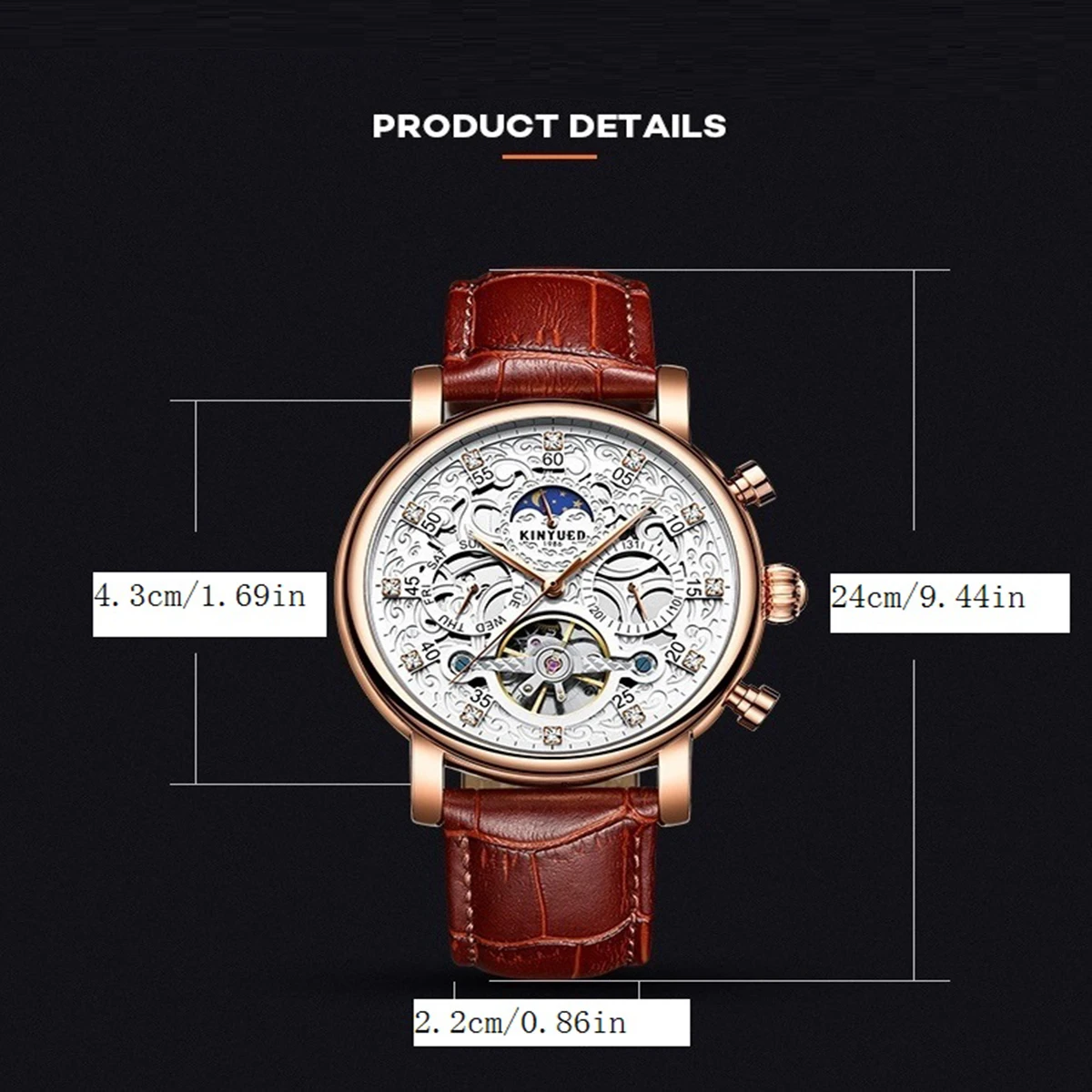 ساعة ميكانيكية أوتوماتيكية بالكامل من KINYUED، ساعة ميكانيكية دولاب الموازنة، ساعة رجالية، ساعة ميكانيكية هيكلية، متعددة الوظائف
