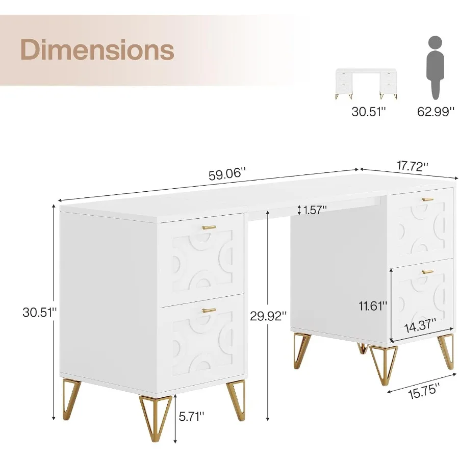 59-Inch Makeup Vanity Desk with 4 Drawers, White Dressing Table