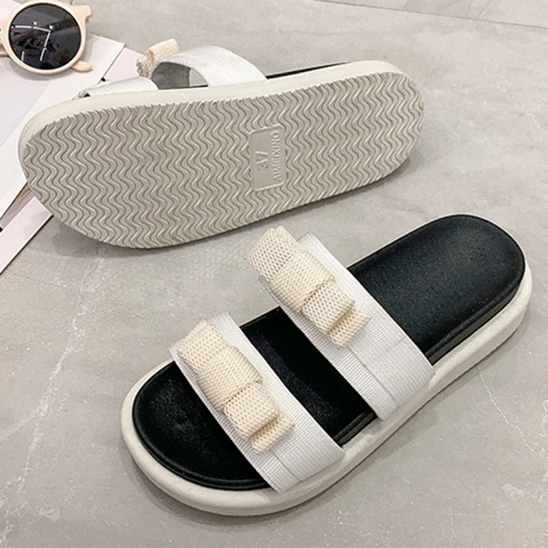 Bow Tie Ins Platform Slippers Hollow Out Mesh Colour Blocking Women's Slippers Summer Fashion Thick Bottom Outdoor Sandals