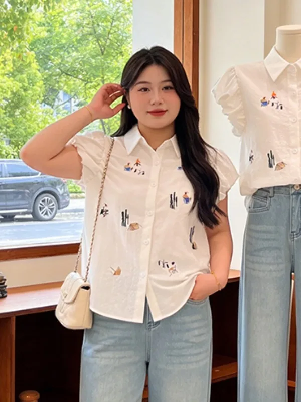 

Korean Style Embroidered Pattern Flower Bud Sleeve Collar Shirt Women's Summer New Style Slimming Unique Small Shirt