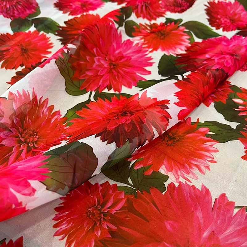 Red Hydrangea Chemical Fiber Chiffon Printed Fabric for Sewing Clothing Fashion High-definition Fabric Spring and Summer