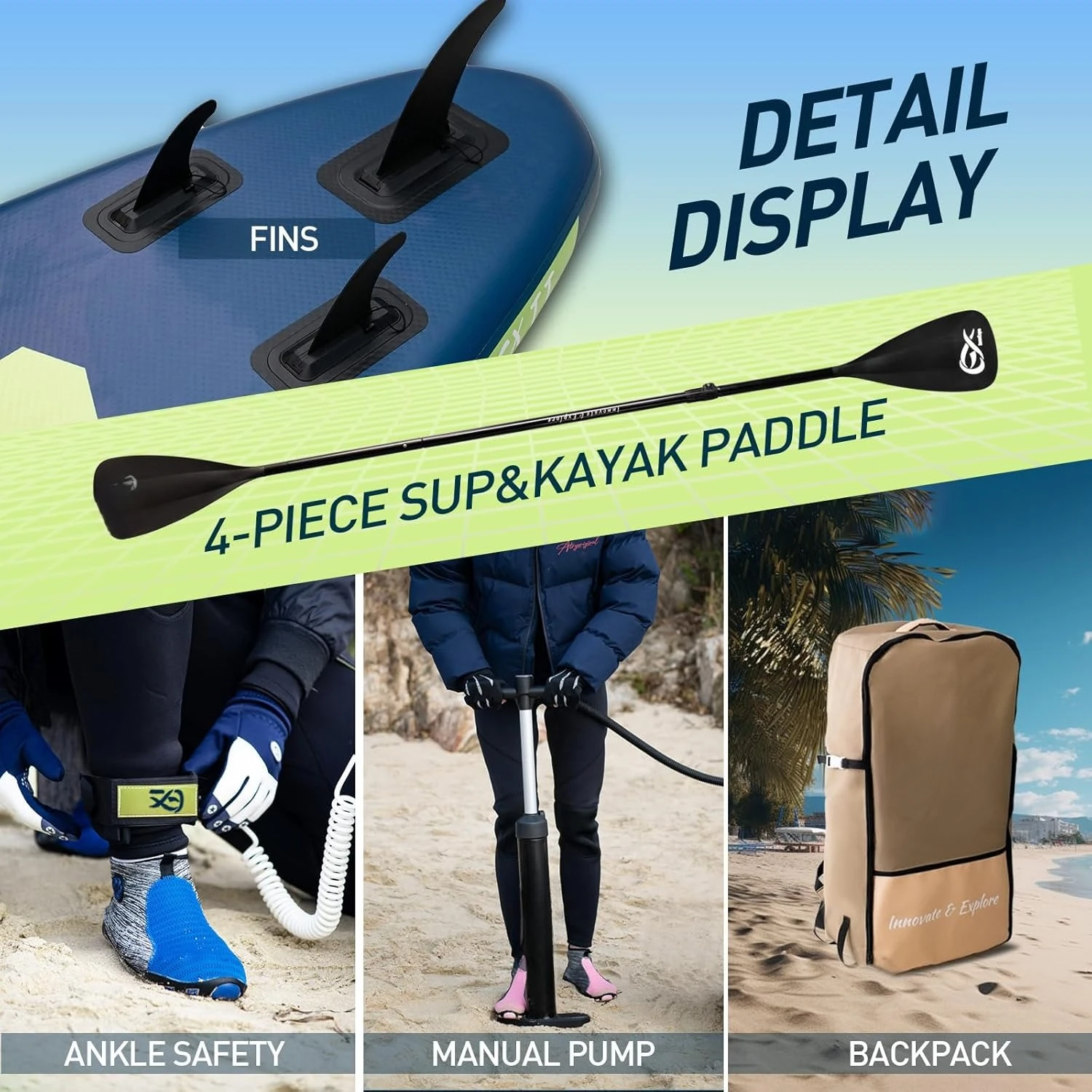 ألواح مجداف واقفة قابلة للنفخ مقاس 11 بوصة مع ملحقات ممتازة، تصميم لوح مجداف SUP واسع ومستقر