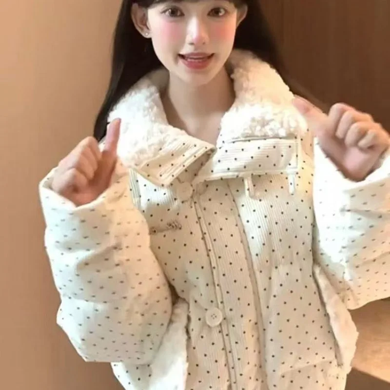 Japanese Sweet Lolita Corduroy Puffer Jacket Women Kawaii Polka Dot Plush Loose Short Coat Harajuku Girls Cute Warm Winter Tops