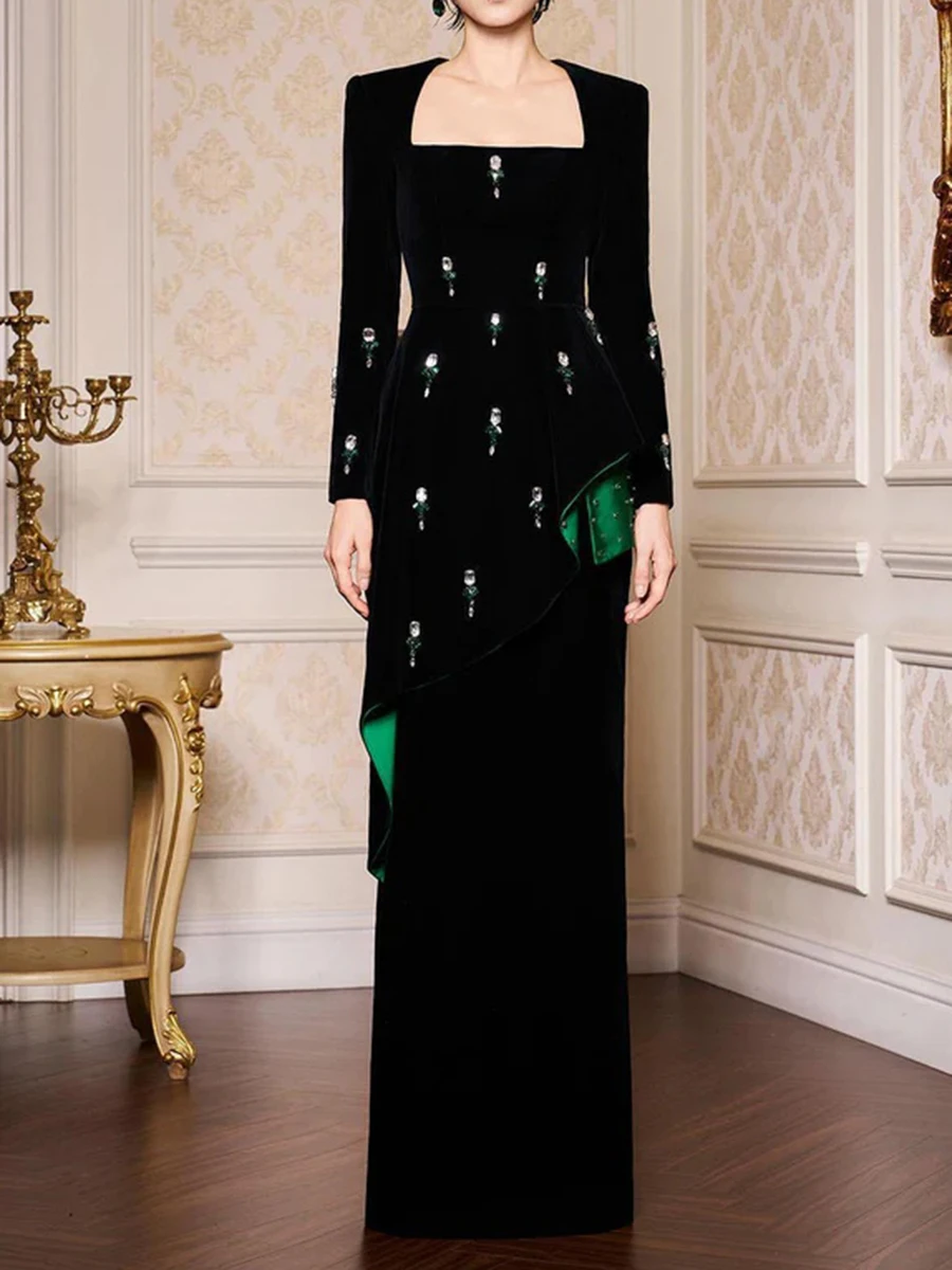 TWOTWINSTYLE Colorblock Spliced Diamond Midi Dresses For Women Square Neck Long Sleeves Patchwork Pearl Elegant Dress Female New - view 3