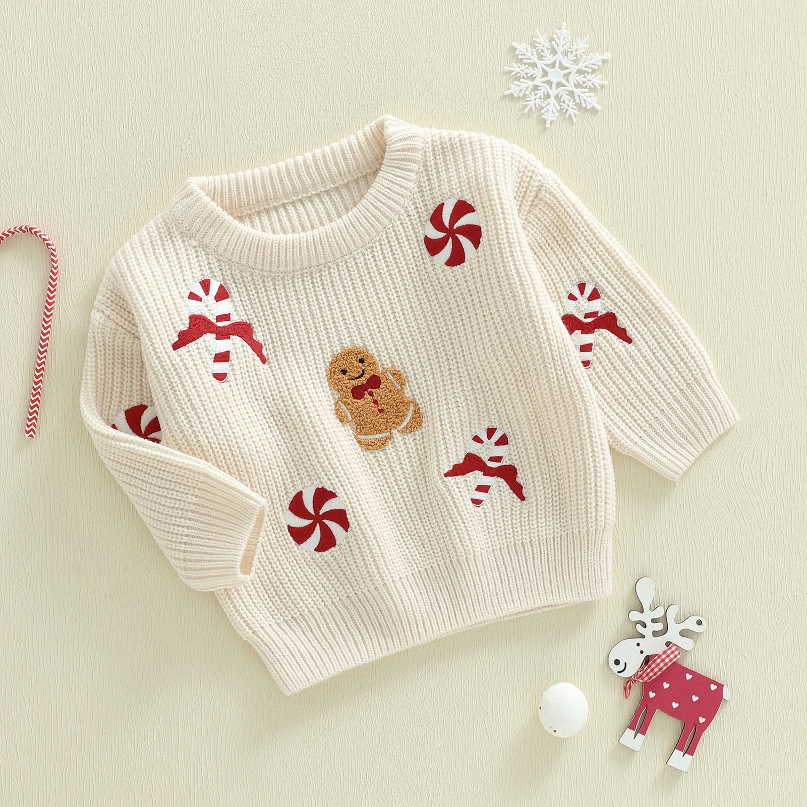 Tregren Toddler Baby Boy Girl Christmas Sweater Candy Gingerbread Man Embroidered Ribbed Long Sleeve Knitted Tops for Winter