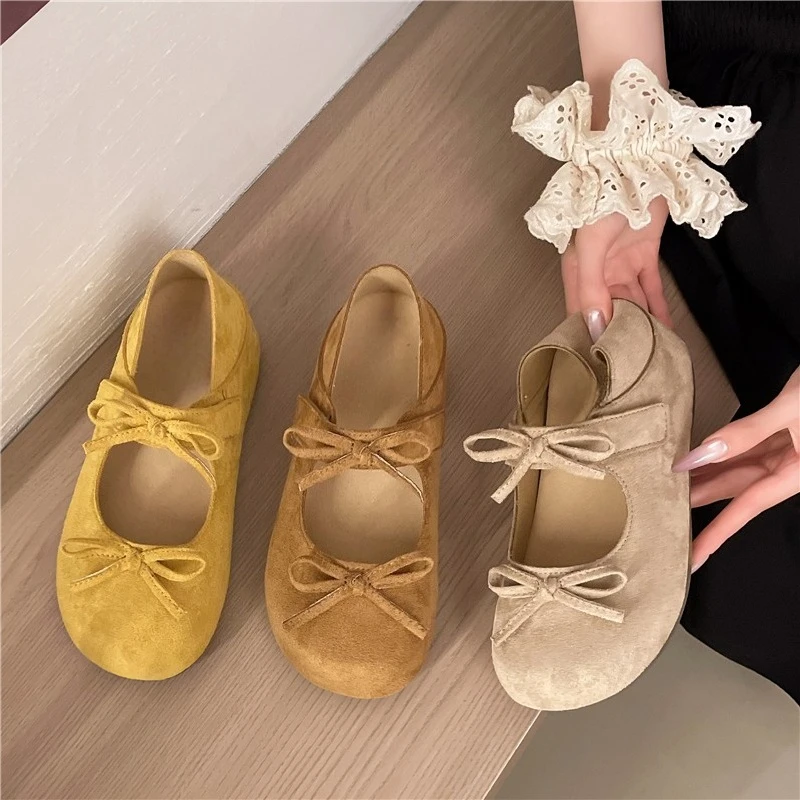 

Vintage Suede Platform Single Shoes Summer New Round Toe Shallow Mouth Bow Soft Sole Low Top Shoes