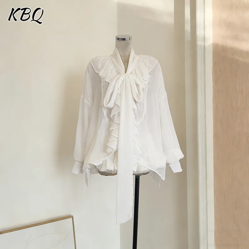 

KBQ Solid Spliced Ruffles Loose Casual Shirt for Women V Neck Long Sleeve Minimalist Chic Tops Female Fashion Style Summer New