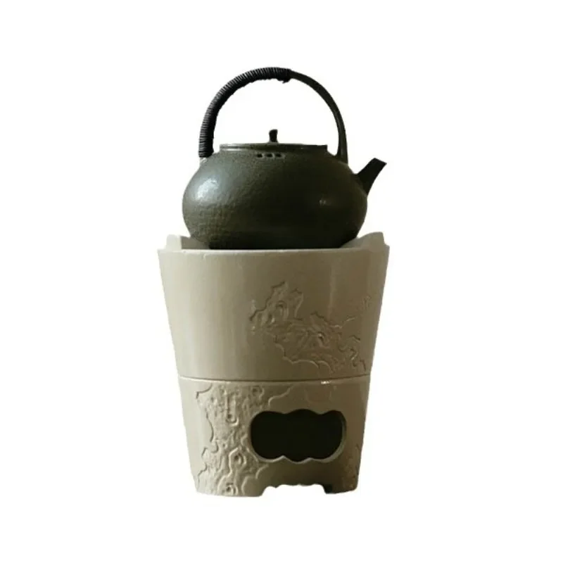Estufa de barro blanca refractaria de polvo hecha a mano, estufa de barro retro de estilo japonés que rodea el té, estufa de carbón para té