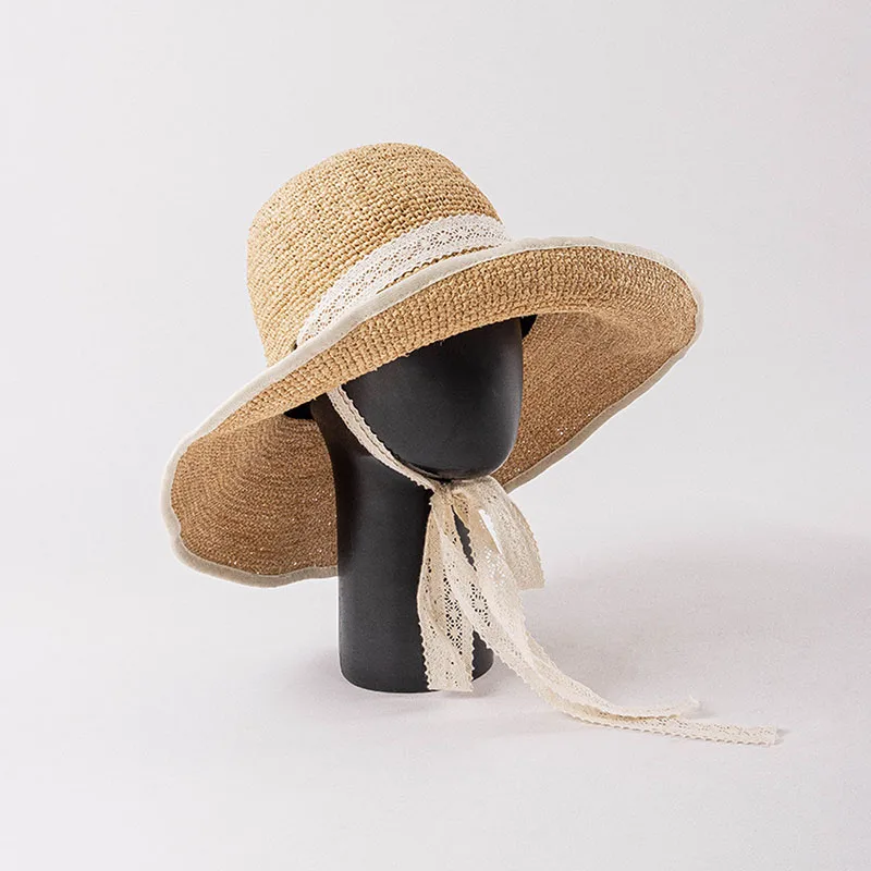 Korean Fashion Hand-woven Quality Raffia Straw Hat Lace Straps Decorative Fisherman Bucket Hat Outdoor Beach Hat Cute Lolita Hat