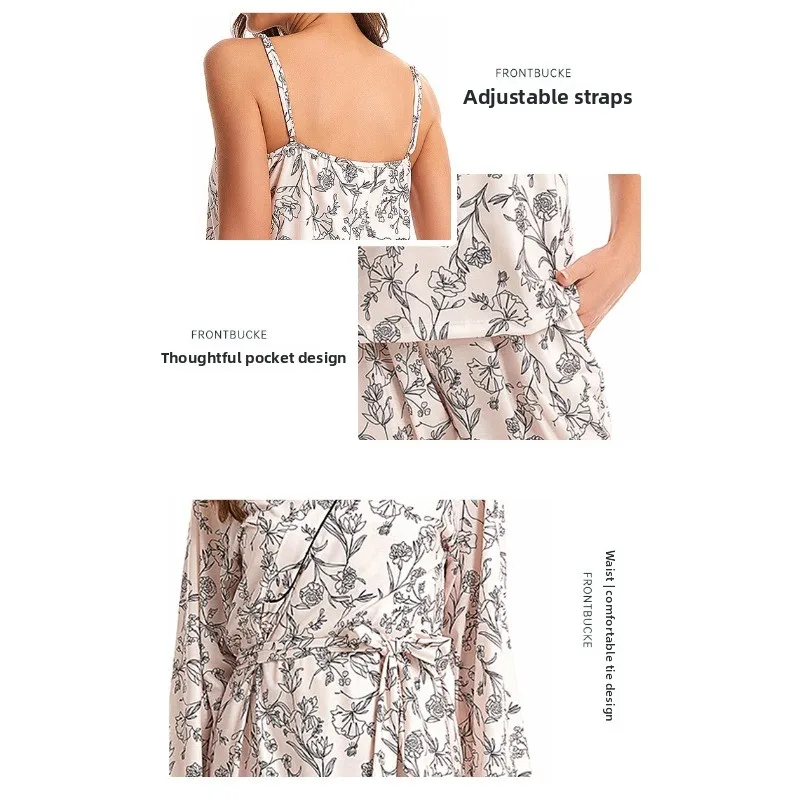 Ensemble de pyjama pour femmes 3 pièces Ensemble de camisole Robe Pantalon Imprimé floral Bordure en dentelle Ensemble de vêtements de nuit Ensemble de vêtements de détente doux