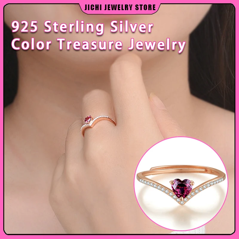 

925 sterling silver color Treasure jewelry natural garnet simple micro-inlaid heart-shaped crown ring jewelry