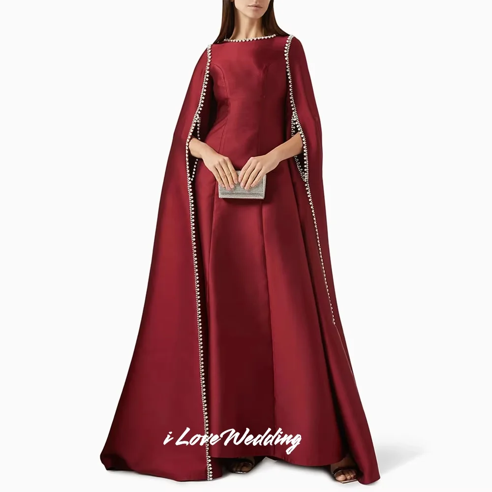 

Burgundy Prom Dress Round Neck Long Sleeves Pearls Beading A-Line Satin Arabian Prom Party Gowns Floor-Length Pleated Customized