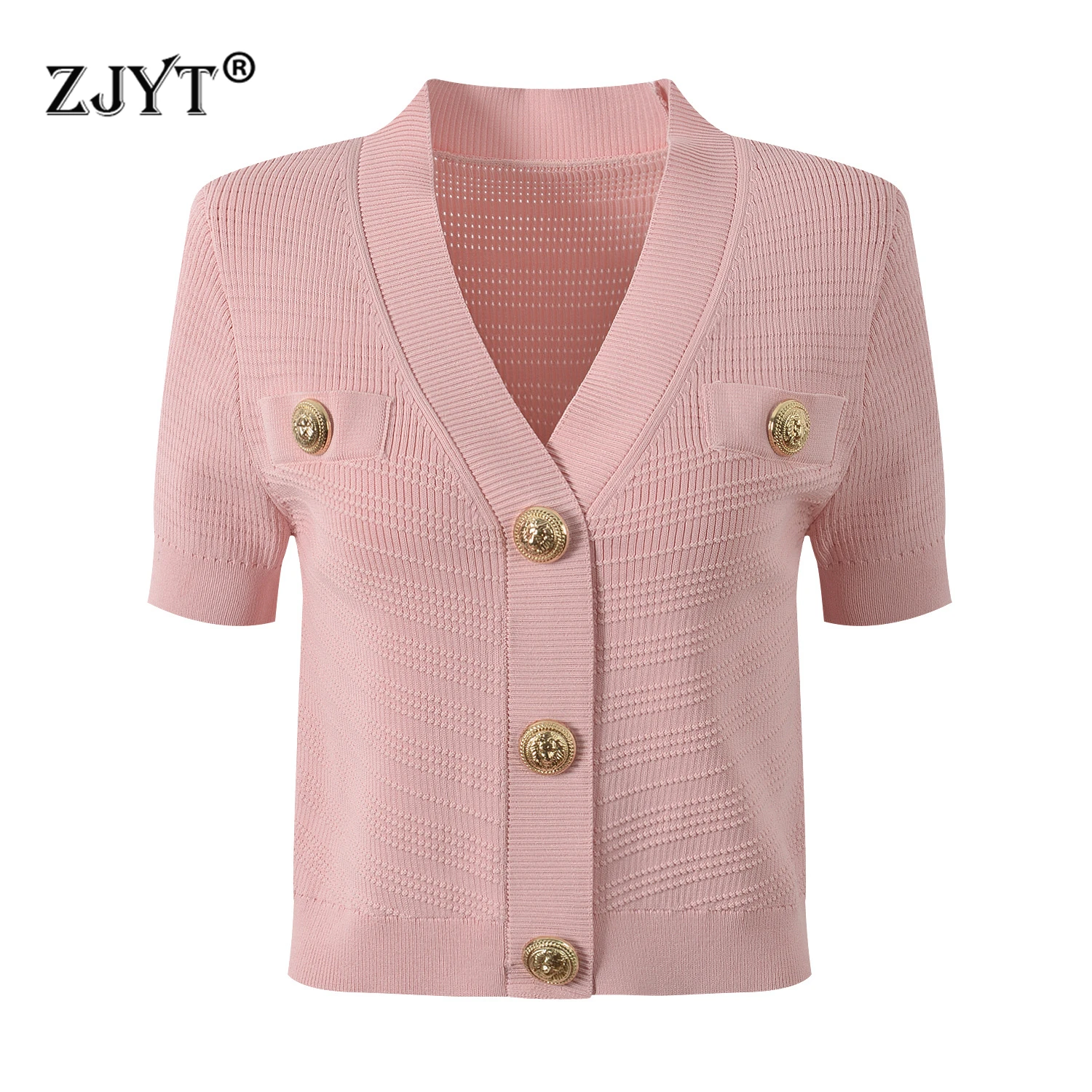 

ZJYT New Summer Women's Cardigans Single Breasted Buttons V Neck Knitted Top Short Sleeve Elegant Casual Female Knitwears Jersey