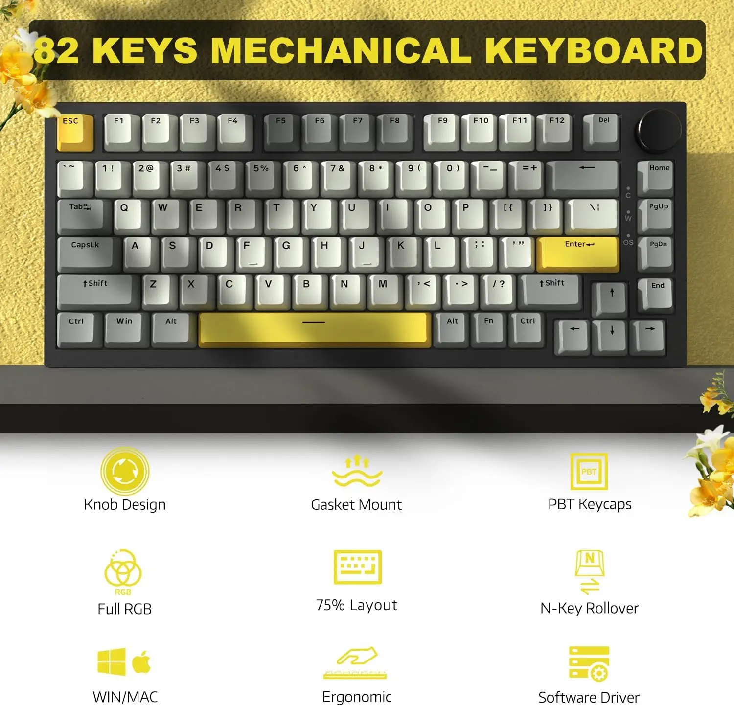 AJAZZ AK820 75% Mechanical Gaming Keyboard with Volume Knob, Gasket Mount Structure and Hot-swappable Design. Suitable for office and gaming, compatible with PC, Windows and Mac systems.